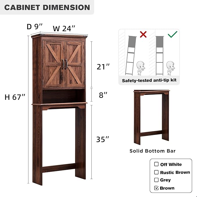 Over The Toilet Storage Cabinet, Farmhouse Bathroom Cabinet with Adjustable Shelf & Barn Door, 67" Tall Over The Toilet Shelf, Brown-Ruum Studio Home