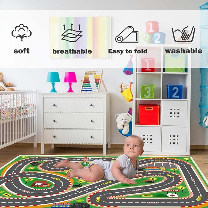 Kids Rug Play mat Playroom Rugs Car Rugs for Kids Toy Cars Race Track for Classroom Rug (Race-Green, 5.2x7.9ft)-Ruum Studio Home