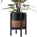 D'vine Dev Ceramic Planter with Ebony Stand - 10 Inch Modern Round Flower Pot with Wood Planter Holder, Black/Speckled Tan, 55-B-L-7-Ruum Studio Home
