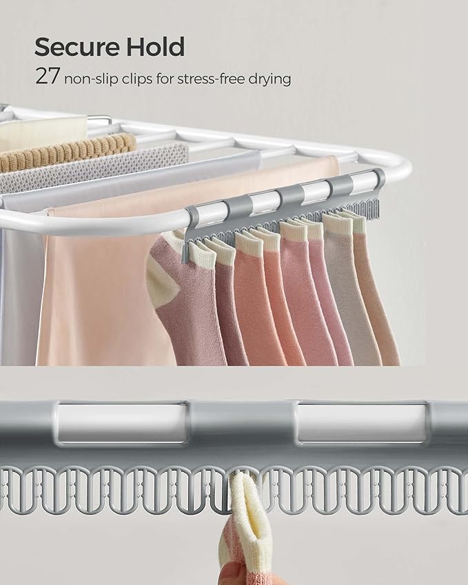 SONGMICS Clothes Drying Rack, with Sock Clips, Metal Laundry Rack, Foldable, Space-Saving, Free-Standing Airer, with 2 Height-Adjustable Gullwings, Indoor Outdoor Use, White and Gray ULLR052W02-Ruum Studio Home