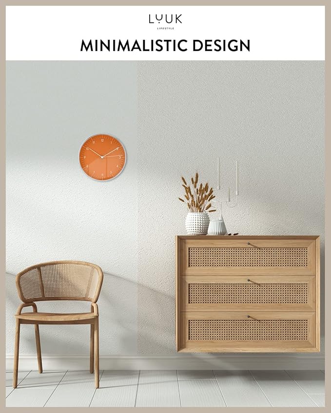 LUUK LIFESTYLE Silent Quartz Wall Clock, Modern and Minimalist Design, Without Ticking, 10” Kitchen Clock, for Living Room, Bedroom, Housewarming Gift, Orange and Silver-Ruum Studio Home