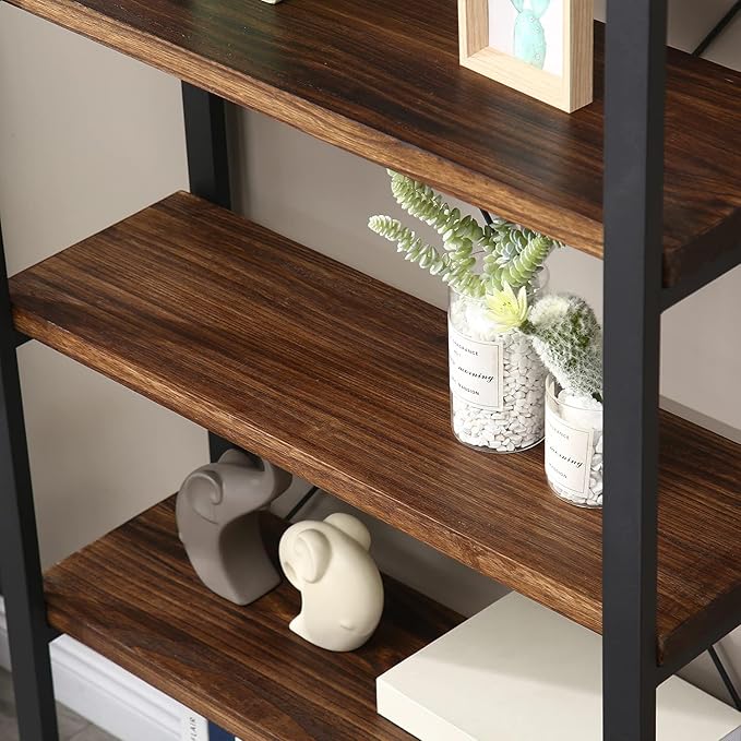 5 Tier Bookcase, Solid Wood Bookshelf Rustic Vintage Industrial Etagere Bookcase, Metal and Wood Free Vintage Bookshelf, Retro Brown (Real Wood) (5-Tiers)-Ruum Studio Home