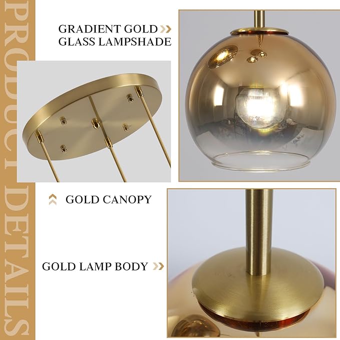 KCO Lighting 3 Light Globe Cluster Pendant Light Modern Glass Cluster Chandelier Gold Glass Pendant Light Fixture Mid Century Dining Room Chandelier Multi Pendant Light Fixture-Ruum Studio Home