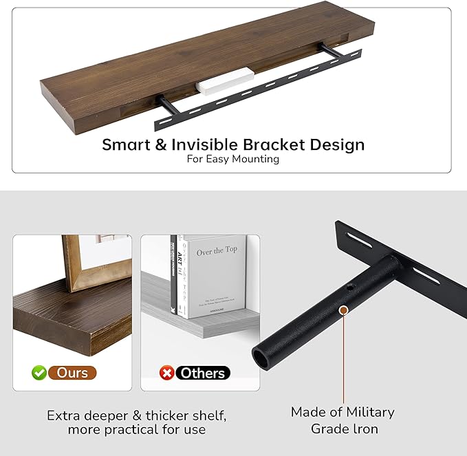 Floating Shelves for Wall, USA-Sourced Fir Wood 36 Inch Wall Shelves Set of 2, Natural Rustic Solid Wooden Floating Shelves Wall Mounted, Nursery Book Storage Shelf, Display Shelf for Bathroom-Ruum Studio Home