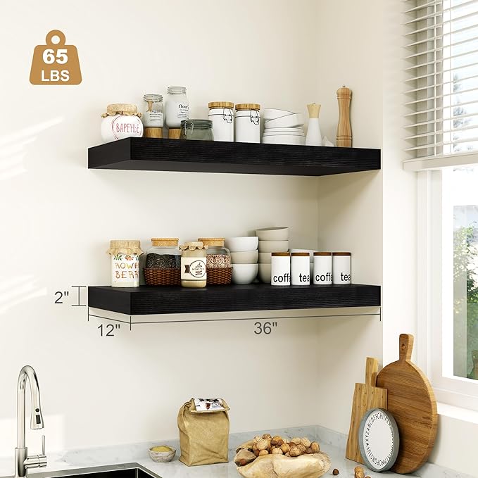 Heimlove 12" Deep Floating Shelves Black,Over Toilet Long Wall Mounted Modern Farmhouse 36 inches,Wall Shelves with Invisible Brackets for Bedroom, Bathroom, Living Room, Kitchen, Set of 1-Ruum Studio Home