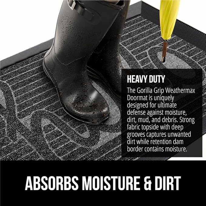 GORILLA GRIP 100% Waterproof All-Season WeatherMax Doormat, 47x35, US Designed Natural Rubber, Stain and Fade Resistant, Low Profile Indoor Outdoor Door Mats, Easy Clean Patio Mat, Charcoal Hello-Ruum Studio Home