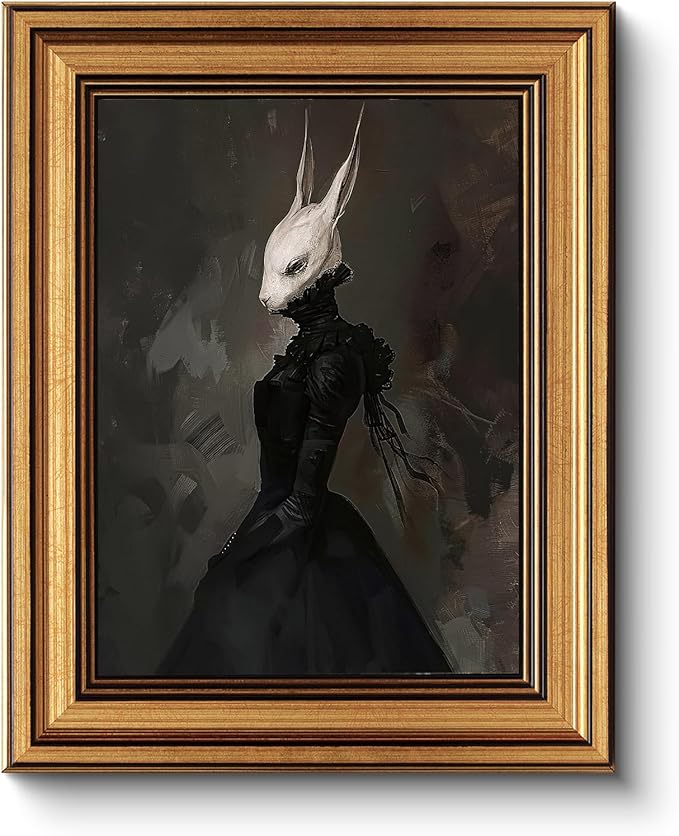 HUARCEY Gold Framed Vintage Wall Art Canvas Prints Gothic Room Decor Vintage Rabbit Lady Wall Decor, Aesthetic Dark Academia Halloween Pictures Oil Painting Goth Decorations 8x10in-Ruum Studio Home