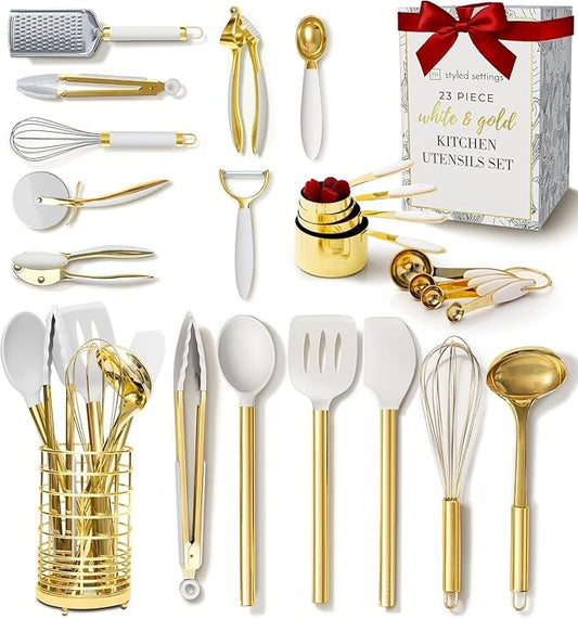 White and Gold Kitchen Utensils Set - 23-Piece Gold Kitchen Accessories Include Measuring Cups and Spoons Set, Silicone Utensils, and Utensil Holder for Baking, Cooking, and Stylish Kitchen Decor-Ruum Studio Home