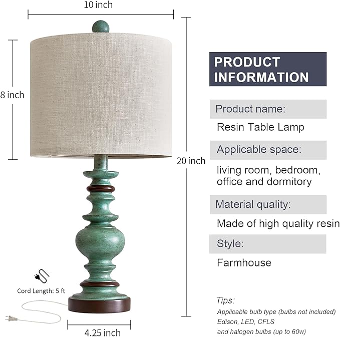 BOBOMOMO 20" Farmhouse Lamps for Bedrooms Set of 2, Retro Side Table Lamps Bedside Lamp for Side Nightstand Living Room（Suitable for Decorating Small Areas）-Ruum Studio Home