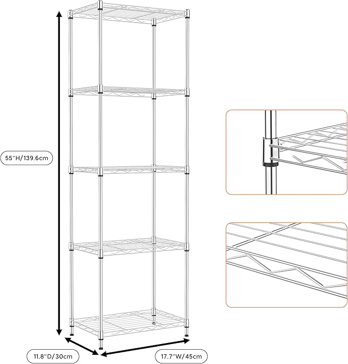 5 Tiers Shelf Metal Storage Shelves Wire Rack Closet Organizers with Wheel for Garage Kitchen Bathroom Laundry Chrome 11.8" D x 17.7" W x 55" H-Ruum Studio Home