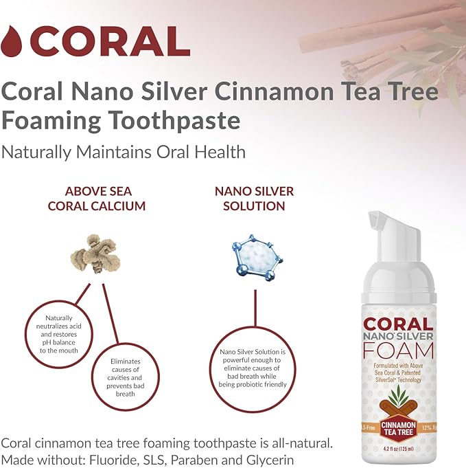 Coral Nano Silver Foaming Cinamon Tea Tree Toothpaste, Natural Fluoride Free Toothpaste, SLS and Glycerin Free - 4 Ounce-Ruum Studio Home