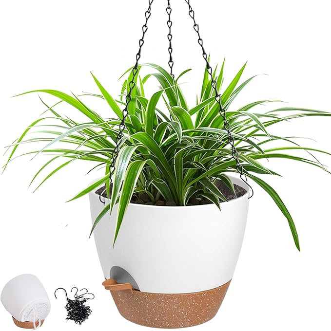 Hanging Planters for Indoor Outdoor Plants, 1 Set Self Watering Hanging Pot with Drainage Holes & Removable Tray (White-12inch, 12'')-Ruum Studio Home