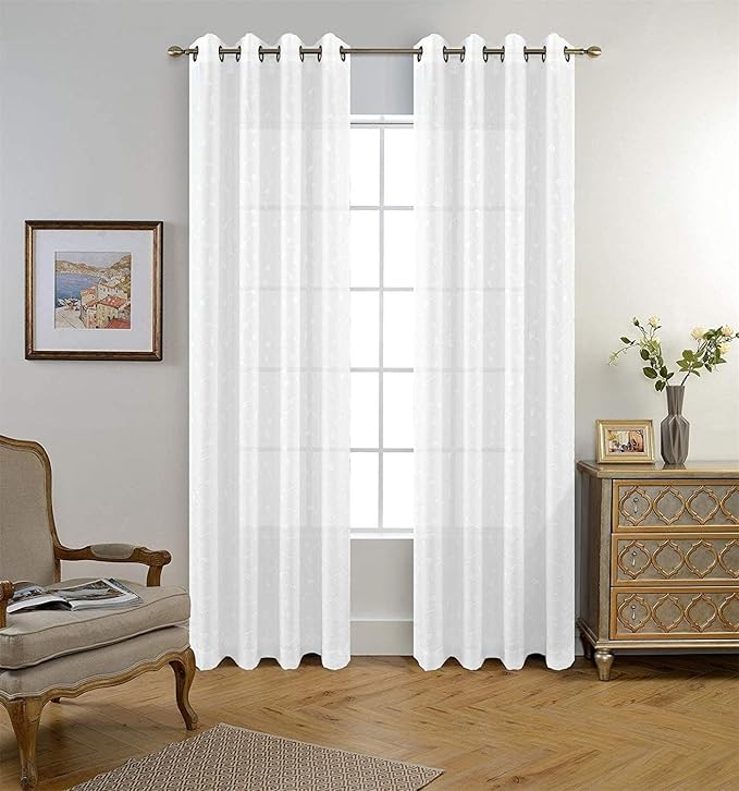 MIUCO Floral Embroidered Semi Sheer Curtains Faux Linen Grommet Window Curtains for Bedroom Living Room 84 Inches Long 2 Panels, Pure White-Ruum Studio Home