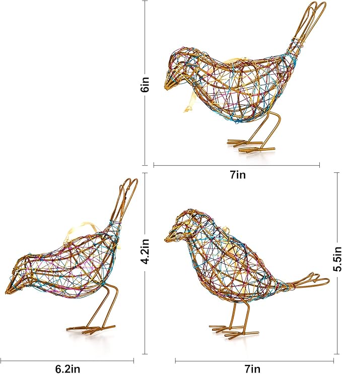 Modern Table Decor Set of 3 - Handmade Metal Bird Sculptures with Colorful Wire Weaving, Multi-Pose Rustic Home Accent & Christmas Tree Ornaments-Ruum Studio Home