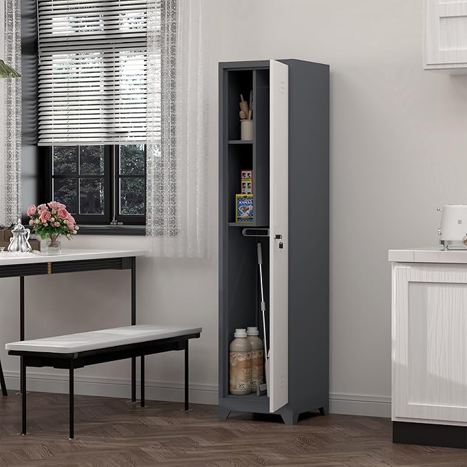 Storage Cabinet,Slim Broom Closet Storage Cabinets with Lockable Doors,Narrow Utility Cabinets with Hanging Rod,Tall Broom Closet for Laundry,Home Office,Grey-White-Ruum Studio Home