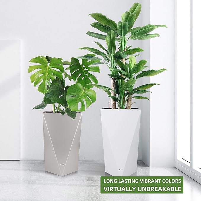 Dexceder 24 Inches Tall Self Watering Planter Diamond High Gloss Indoor Outdoor, Thickened Rhombus Large Floor Standing Flower Plant Pot with Water Level Indicator (White)-Ruum Studio Home