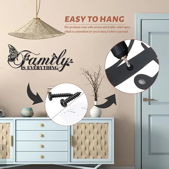 Family Signs Metal Wall Decor, Oppro Family Is Everything Word Sign with Butterfly for Home Decor, Black Art Plaque Letters for Living Room, Dining Room Bedroom Housewarming Mother's Day Father's Day Gift , 17”x6.3”-Ruum Studio Home
