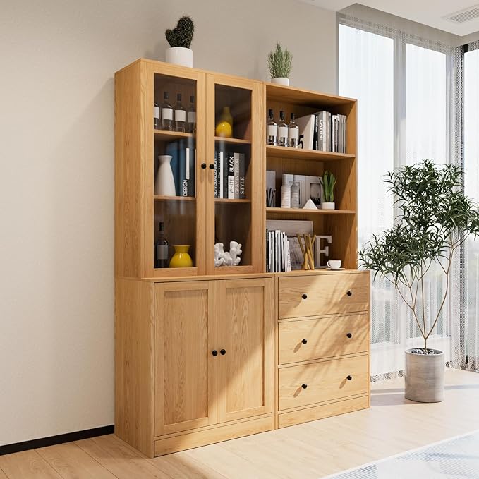 TUSY 71" Bookshelf Bookcase, 3-Tier Modern Bookshelves 3 Large Drawer, Wood Filing Cabinet with Open Storage Shelf, Glass Doors 5-Tier Fixed Storage Shelves for Home Office (Wood)-Ruum Studio Home