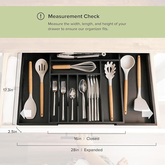 Premium Silverware, Flatware and Utensil Organizer for Kitchen Drawers, Food-Safe Contract Grade, Expandable from 16 to 28 In, Black Bamboo-Ruum Studio Home