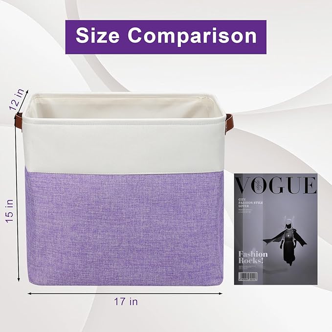 Large Fabric Storage Baskets | 50L Storage Bins, Decorative Linen Closet Baskets with Handles for Organizing, Shelf, Toys, Clothes, Home, Office, Nursery, 17x12x15Inches (Purple&White)-Ruum Studio Home