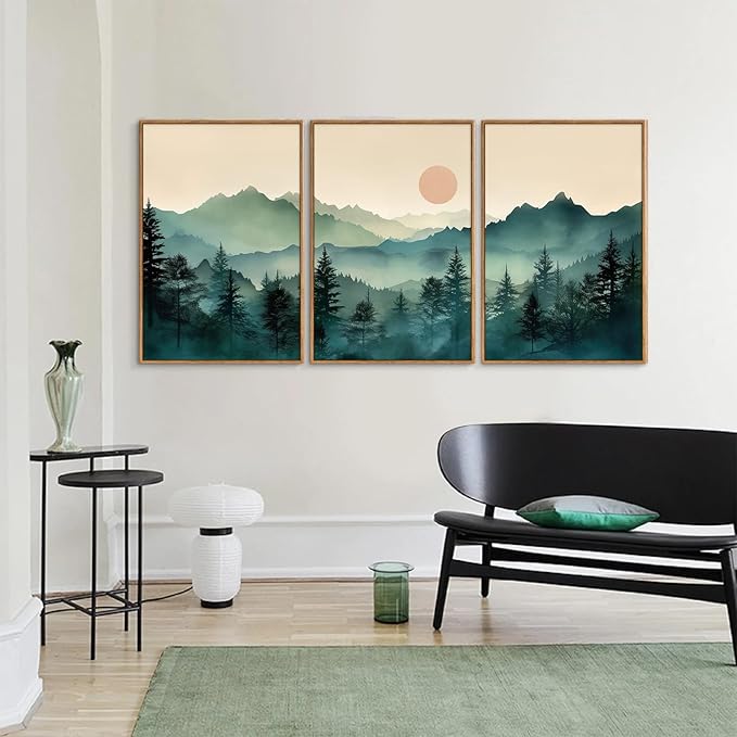 SIGNINART Large Mountain Framed Canvas Wall Art Set, Abstract Misty Forest Wall Decor, Foggy Nature Pine Tree Wall Painting, Modern Boho Sunrise Art Prints for Bedroom Living Room and Office 24"x36"x3-Ruum Studio Home