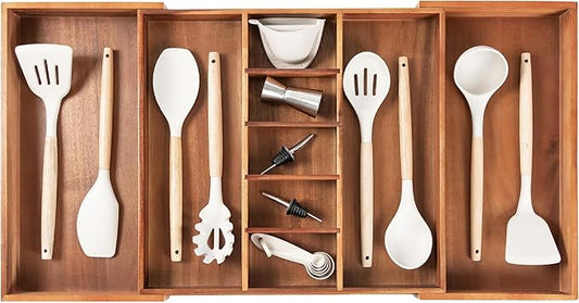 Adjustable Kitchen Drawer Organizer for Utensils and Junk, Food-Safe Contract Grade with 100% Sustainable Wood, Non-Slip, Expandable from 18.5 to 33 Inches Wide - Natural Acacia-Ruum Studio Home