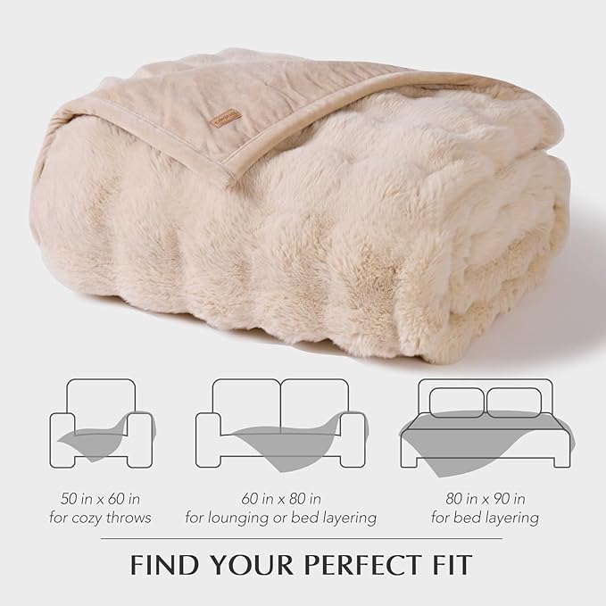 EVERGRACE Ultra Soft Luxury Fluffy Ridgeline Faux Rabbit Fur Throw Blanket, Thick Warm Bubble Throw for Bed, Cozy Plush Reversible Blankets for Couch, Chair, Sofa, Cream, 80x90 Inches, 870 GSM-Ruum Studio Home
