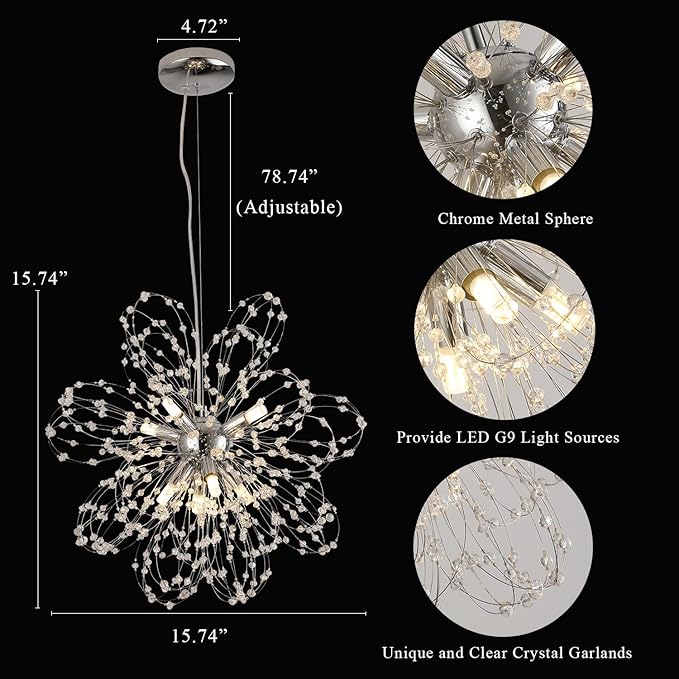 Modern Small Chandeliers, Sputnik Sunflower Crystal Beaded Hanging Lamps, Round Chrome Dandelion Pendant Light for Kitchen Island Bathroom Bedroom Entryway (Chrome 8Lights)-Ruum Studio Home
