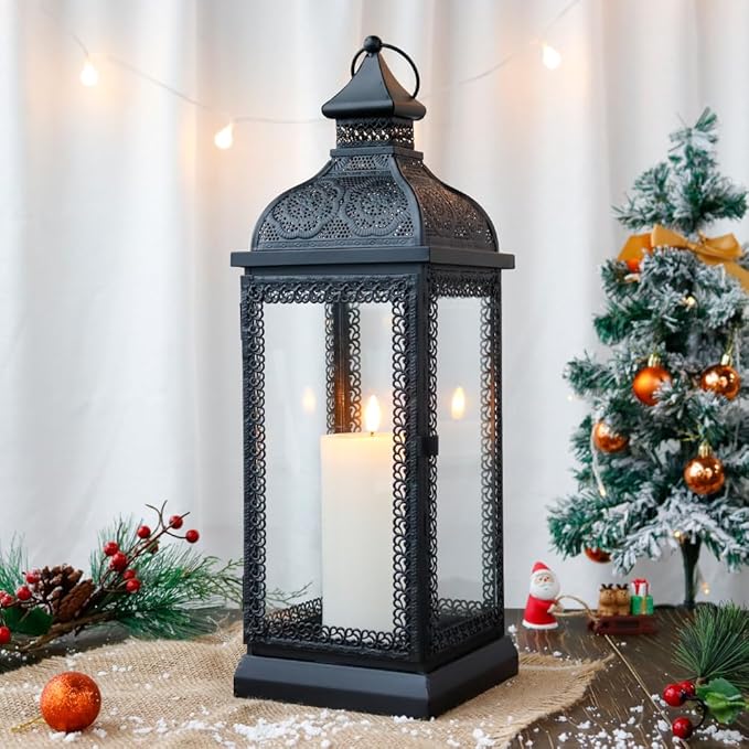 TRIROCKS Rustic Style Metal Candle Lantern 19'' High Decorative Hanging Lantern Candle Holder with Tempered Glass for Christmas Living Room Garden Yard Patio Parties Events Indoors Outdoors(Black)-Ruum Studio Home