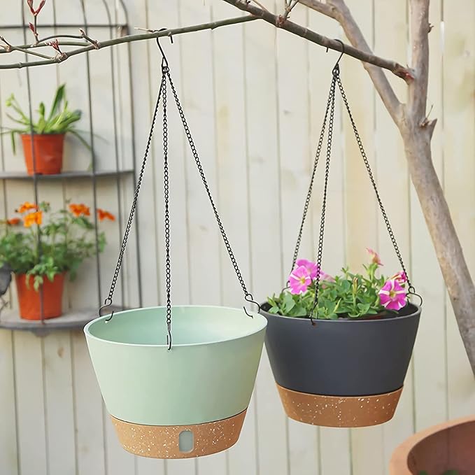 ZMTECH 8 Inch Hanging Planters for Indoor Plants, Hanging Baskets for Plants Outdoor with Visible Water Level, Hanging Flower Pots with Drainage Holes & Removable Tray(2 Pack, Gray)-Ruum Studio Home