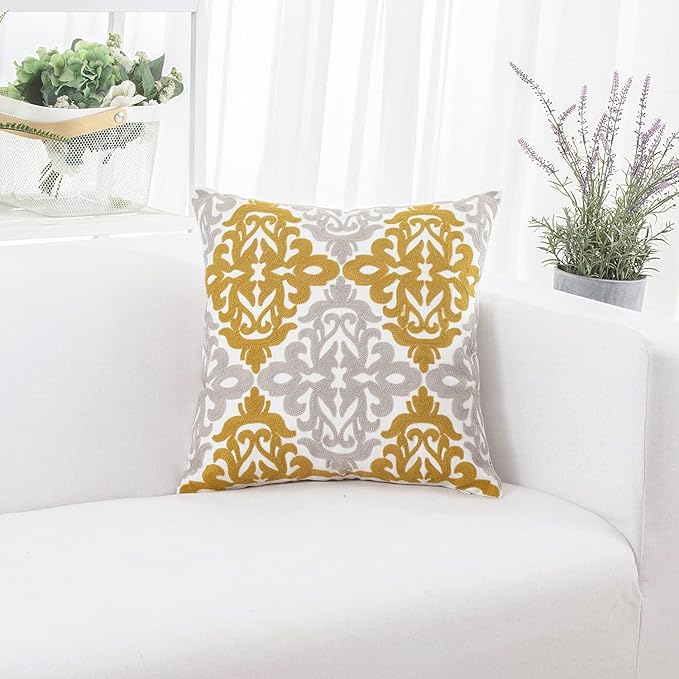 HWY 50 Mustard Yellow Decorative Throw Pillow Covers 18x18 Inch, Pack of 2 Embroidered Cotton Farmhouse Cushion Cover Pillow Case for Sofa Couch Living Room Bed Bedroon, Accent Geometric-Ruum Studio Home