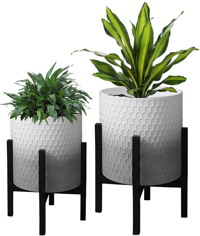 10 & 12 Inches Planters with Metal Sand for Indoor Plants Set of 2,Decorative Plant Pots with Holder, Outdoor Flower Pots with Legs, Modern Garden Pot with Drainage Holes for Snake Plant, House plants-Ruum Studio Home