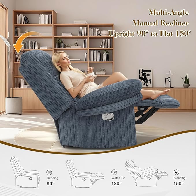 Recliner Chair for Adults, Oversized Manual Pull Tab Reclining Chair, 2-Tier Cushions, Minimalist Style Single Sofa for Living Room, RV (Corduroy)-Ruum Studio Home