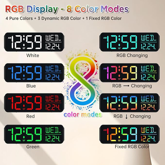Peakeep Digital Alarm Clock for Bedrooms, Date Day of Week Large Display Numbers 6 Brightness Dimmer, 5 Volume Loud for Heavy Sleepers, 8 RGB Colors Electric Desk Clock Battery Backup, Auto DST-Ruum Studio Home