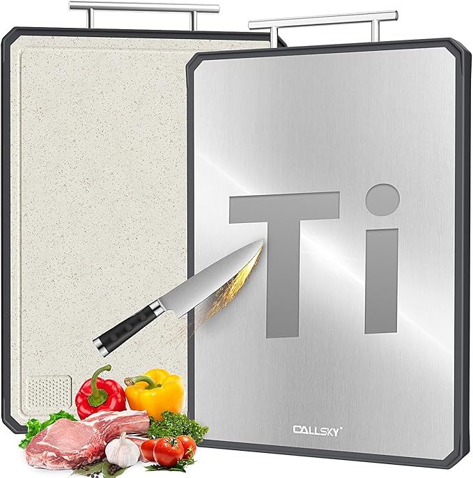 Titanium Cutting Boards for Kitchen, 2 in 1 Titanium Cutting Boards with JUICE GROOVE, Metal Chopping Board for Meat/Vegetables, Pure Titanium&Wheat Straw PP, Food-Grade, Dishwasher Safe16.3”×11”-1 PC-Ruum Studio Home