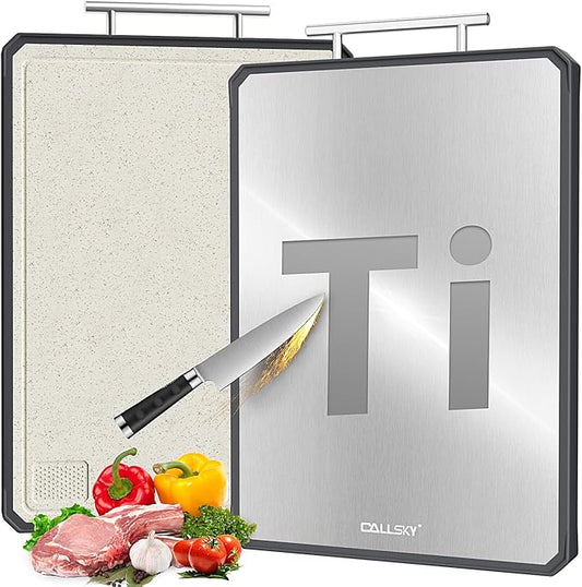 Titanium Cutting Boards for Kitchen, 2 in 1 Titanium Cutting Boards with JUICE GROOVE, Metal Chopping Board for Meat/Vegetables, Pure Titanium&Wheat Straw PP, Food-Grade, Dishwasher Safe16.3”×11”-1 PC-Ruum Studio Home