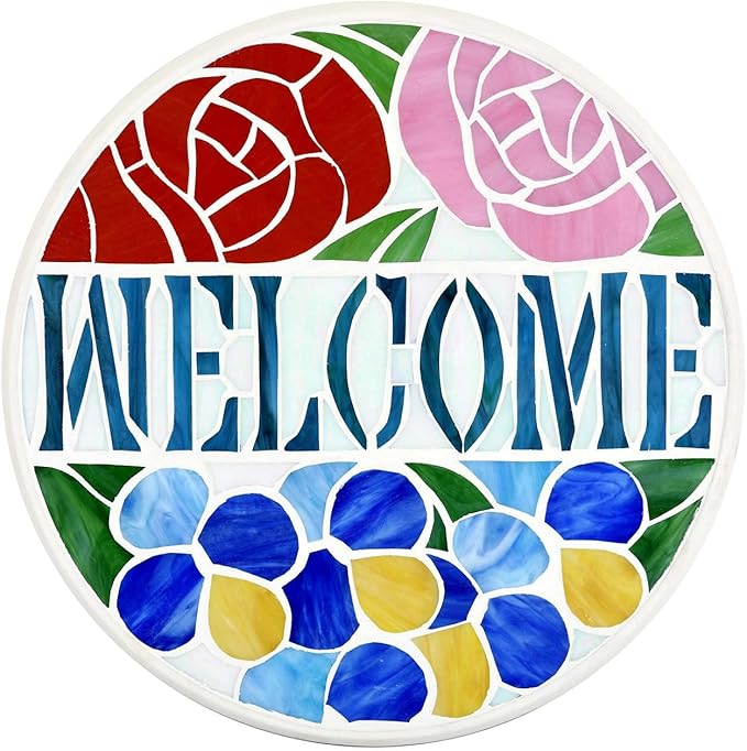 Bieye MSS002 Rose Flowers Tiffany Style Stained Glass Mosaic Decorative Stepping Stone for Garden Decor (12" Round, Welcome Sign)-Ruum Studio Home