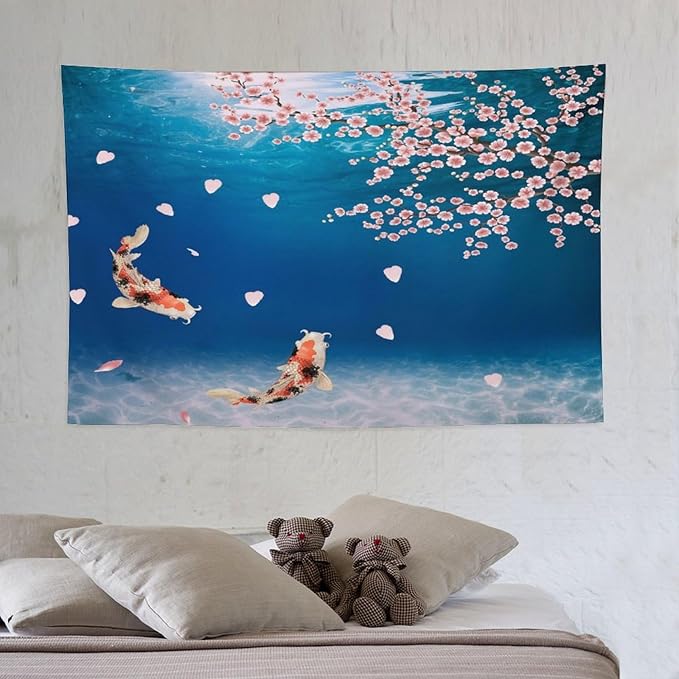 Japanese Koi Fish Tapestry, Cherry Blossoms Asian Oriental Blue Floral Branch Koi Fish Carp Tapestries Wall Hanging for Bedroom Living Room Office Decor 60"x40"-Ruum Studio Home
