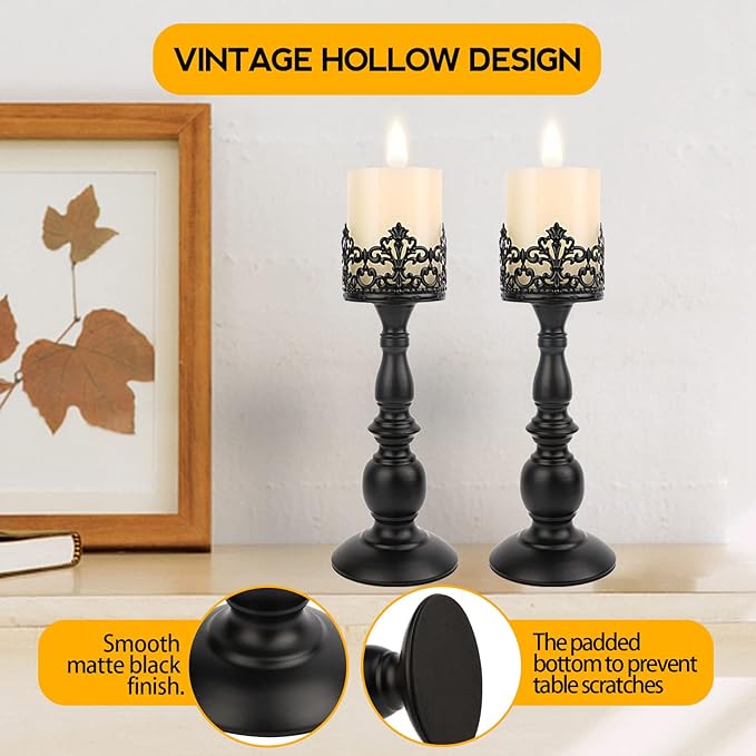 Candle Holders for Pillar Candles Gothic Matte Black Vintage Tall Candle Holders Set of 2 Decorative Large Table Centerpieces Candle Stand Decor (Black 2PCS A)-Ruum Studio Home