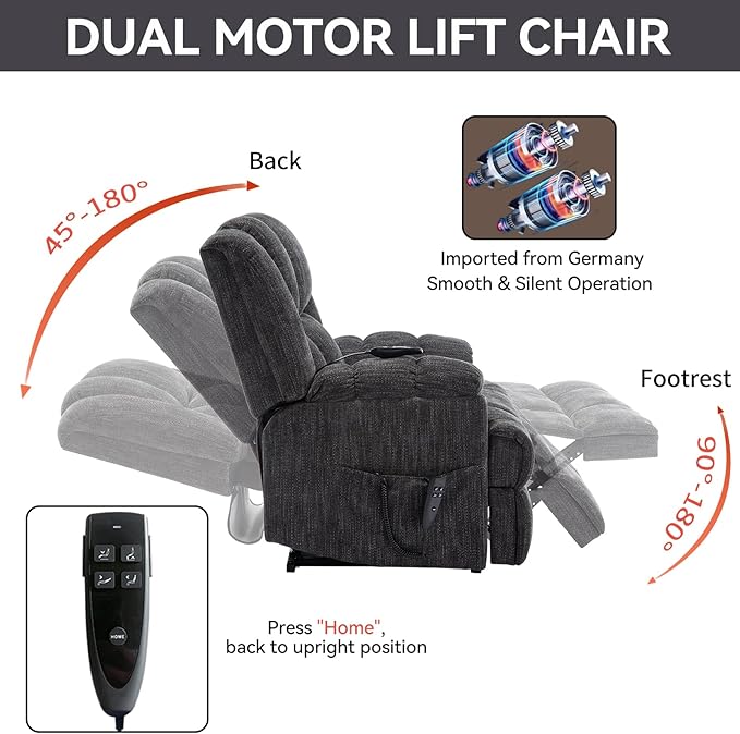 Power Lift Chair with Vibration Massage Heat for Elderly People, Dual Motor Electric Lay Flat Recliner Chair with Power-Remote, Standing Assistance Reclining, Chenille Dark Gray-Ruum Studio Home