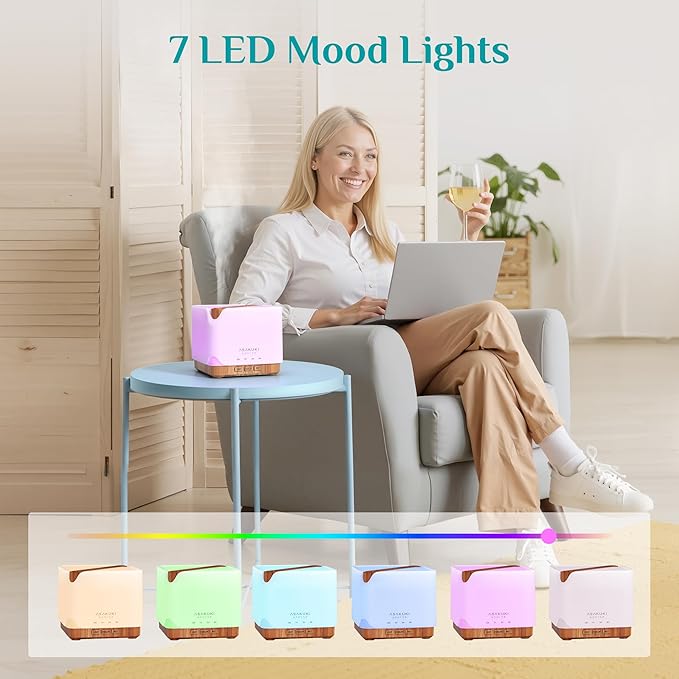 ASAKUKI Essential Oil Diffuser 700ml, Ultrasonic Aromatherapy Humidifier with Top 6 Essential Oils Set, 7 LED Colors, Timer & Auto-Off, Large Room Diffuser-Ruum Studio Home