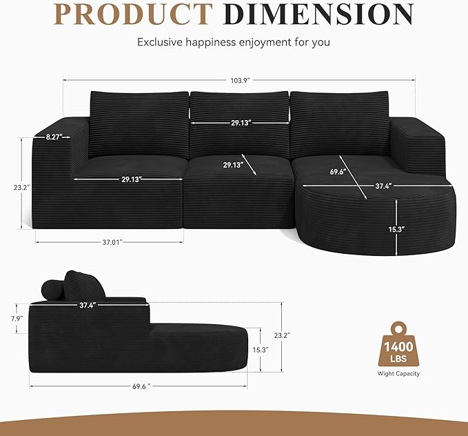 Modular Sectional Sofa with L-Shape Chaise,Cloud Sectional Modern Sleeper Couch with Deep Seat,Sponge Compression Sofas No Assembly Required(Black-Corduroy Fabric) 1PCS-Ruum Studio Home