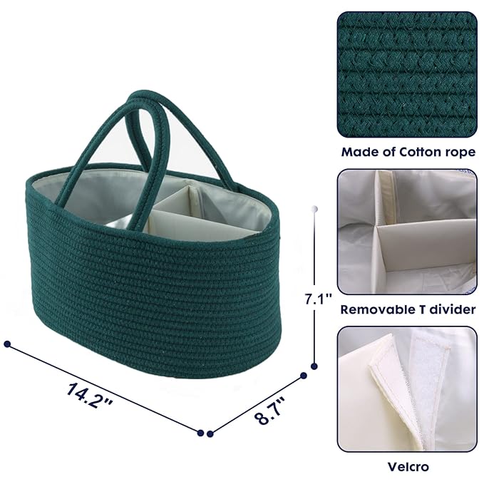 Baby Diaper Caddy Organizer for Girl Boy Rope Nursery Storage Bin Basket Portable Holder Tote Bag for Changing Table Car Travel Baby Shower Gifts Newborn Essentials Registry Must Have Items Dark Green-Ruum Studio Home