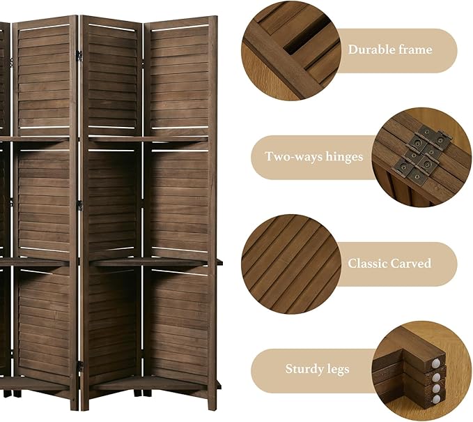 Room Divider with Shelves, 5.6 Ft Tall Folding Wood Screen with Double Hinges for Home Office Bedroom Hotel Decoration (4 Panels, Brown)-Ruum Studio Home