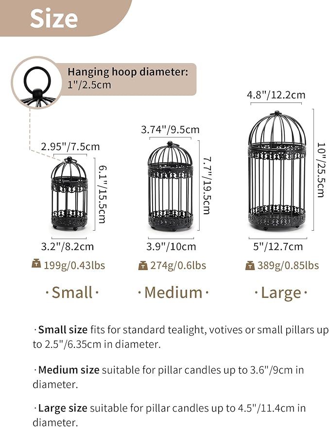 NUPTIO Decorative Bird Cages for Centerpiece: Black Vintage Bird Cage Hanging Lantern Set of 3 - Metal Birdcage Pillar Candle Holders for Halloween Party Table Fireplace Decor-Ruum Studio Home