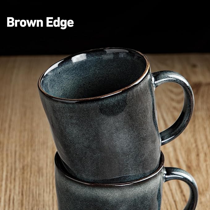 famiware Coffee Mugs Set of 4, Ocean Square 13oz Coffee Cup Set with Handle for Cocoa, Milk, Hot Chocolate, Stoneware Cups for Kitchen, Reactive Glaze, Microwave and Dishwasher Safe, Deep Forest-Ruum Studio Home