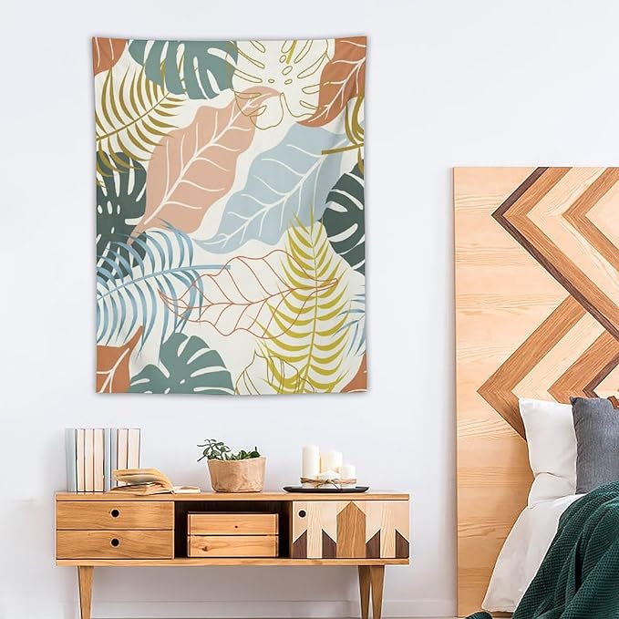 ICMOLYYENLO Boho Green Leaves Tapestry, Mid Century Abstract Tropical Palm Leaves Modern Minimalist Geometric Wall Hanging, Neutral Home Decor Art for Living Room Bedroom Dorm 60x80 Inch-Ruum Studio Home