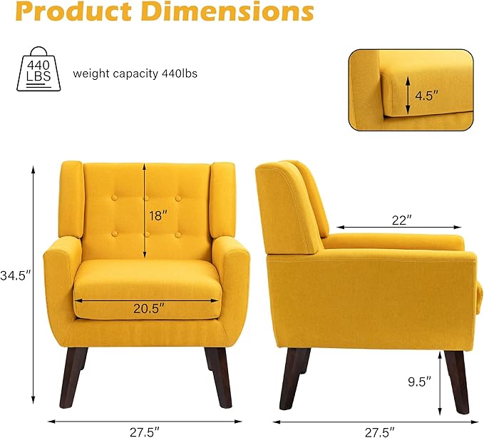 UIXE Accent Chair, Modern Upholstered Armchair Mid-Century Arm Chair in Fabric for Living Room, Comfy Single Sofa Seats Button Tufted Reading Seating, Yellow-Ruum Studio Home