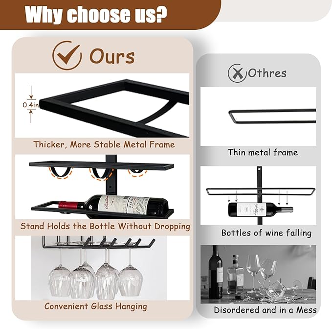 10 Bottle Wall Mount Wine Rack with Wine Glass Holder, Metal Wine Wall Rack, Wall Racks for Wine Bottles Display and Storage, Hanging Bottle Organizer for Living Dining Room Wine Cellar Bar (Black)-Ruum Studio Home