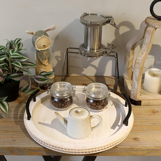 SwallowLiving White Wooden Beaded Serving Tray with Handle Decorative Rustic Whitewashed Tray for Coffee Table Farmhouse Round Tray for Kitchen, Living Room and Bedroom-Ruum Studio Home
